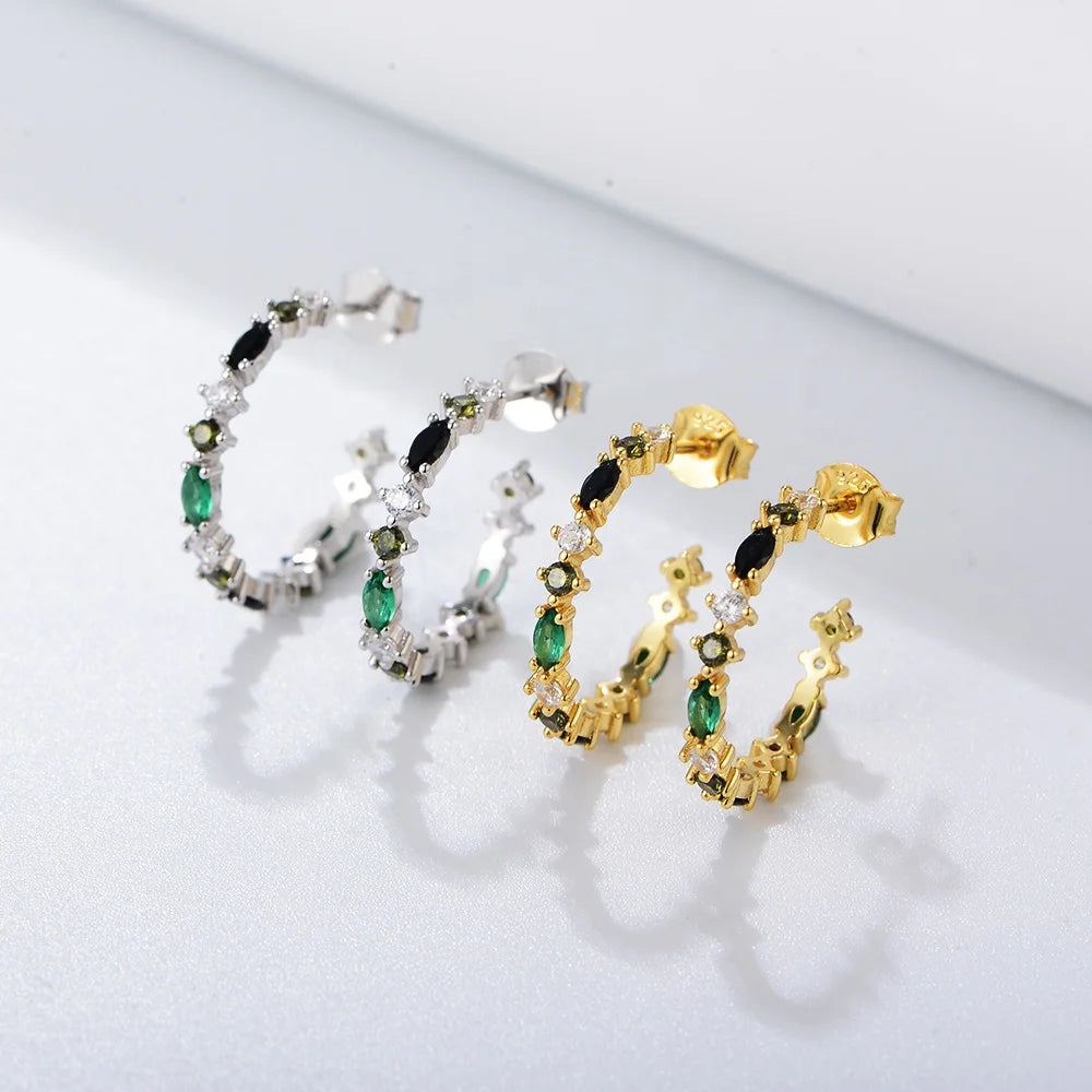 Exquisite Women Jewelry S925 Sterling Silver CZ Semi Circle Stud Earring Real Gold Plated Colorful Zircon C Shape Earrings