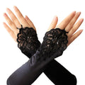 Women Fingerless Gathered Lace Sequins Satin Bridal Party Gloves Finger Loop