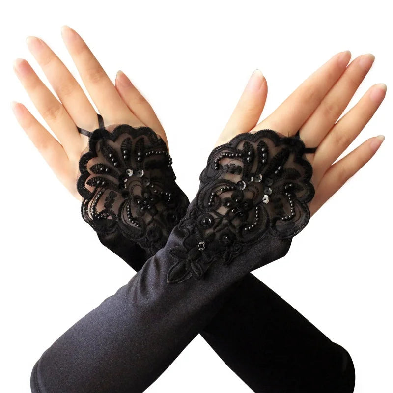 Women Fingerless Gathered Lace Sequins Satin Bridal Party Gloves Finger Loop