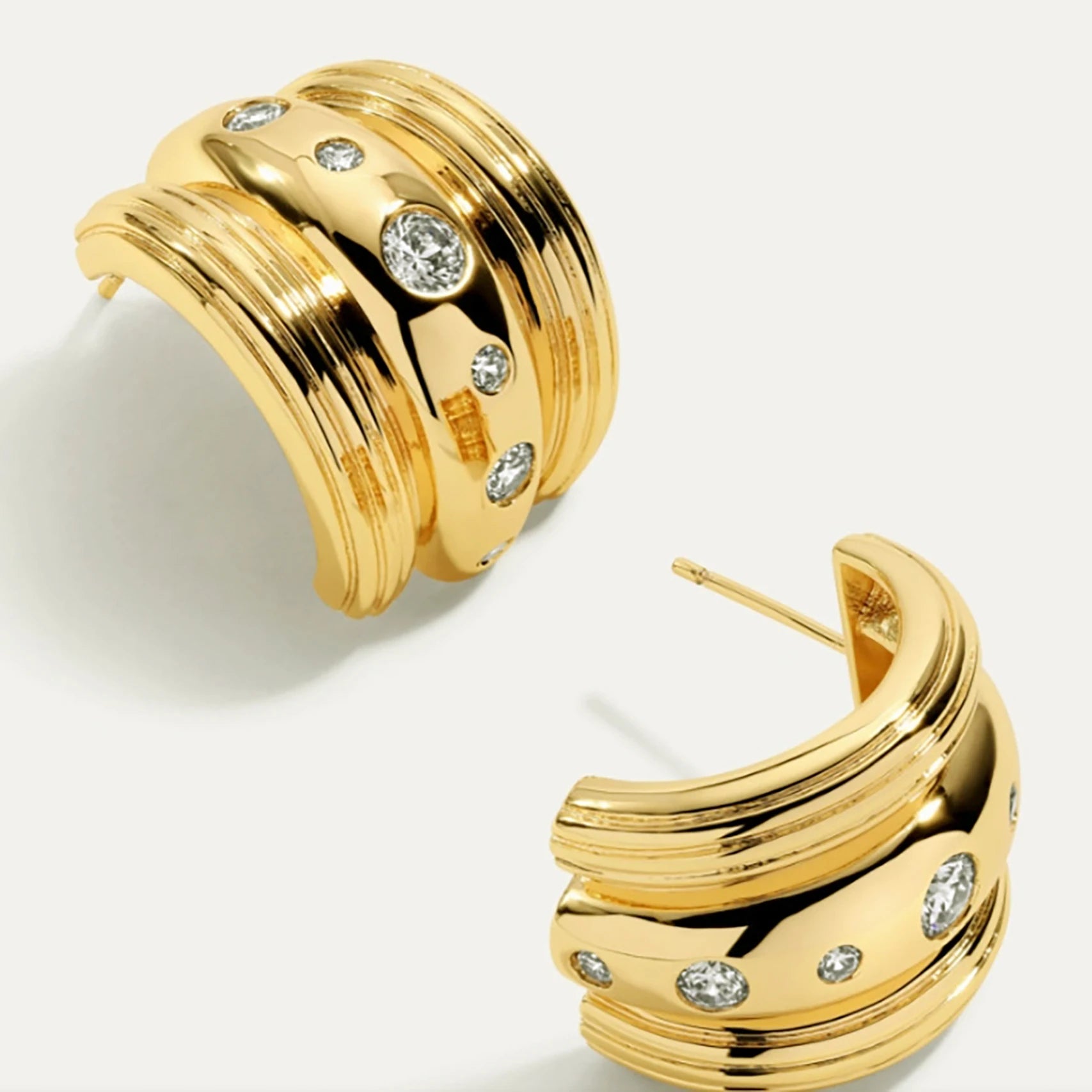 Fashion Personality Brass Gold-Plated Wide Version C- Shaped Inlay Zircon Stud Earrings for Women Jewelry Factory Wholesale