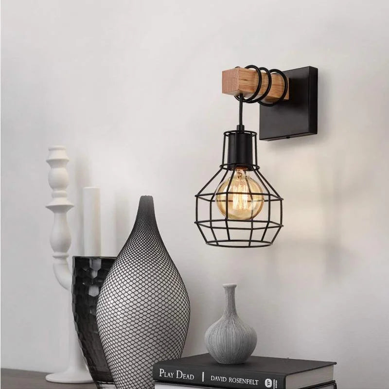 Wall Sconce Modern Retro Bedside LED Wall Lamp Cage Light E27 Black Bracket Light for Aisle Indoor Bedroom & Living Decor