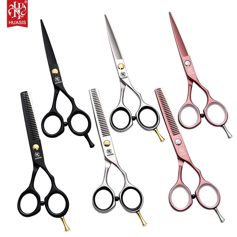 HUASIS HU51 Beauty Hairdressing Scissors 5.5" Matte Black Pink Silver Stainless Steel Cutting Thinning Scissors Classical Style
