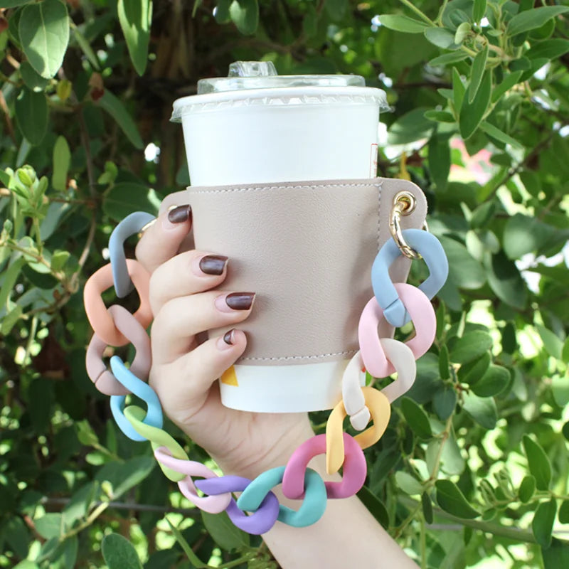 New PU Leather Tea Cup Sleeve Acrylic Chain Strap Coffee Cup Cover Outdoor Glass Water Cup Sleeves