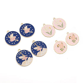 Enamel Pendant Cute Bee Charms Round Dangle Charms Shiny Floral Charms Flat Round Pendants for Spring Earring Bracelet Necklace
