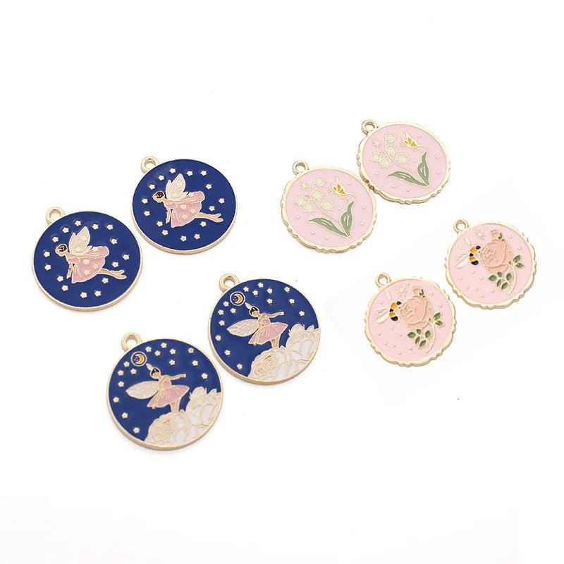 Enamel Pendant Cute Bee Charms Round Dangle Charms Shiny Floral Charms Flat Round Pendants for Spring Earring Bracelet Necklace