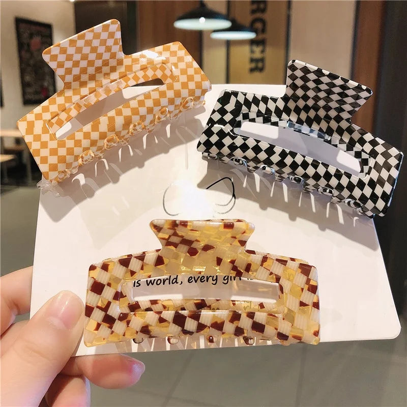 8cm Women Girls Large Brown Black White Check Stripe Acrylic Hair Clamp Claws Accessories Checkered Hair Claw Clips Checker