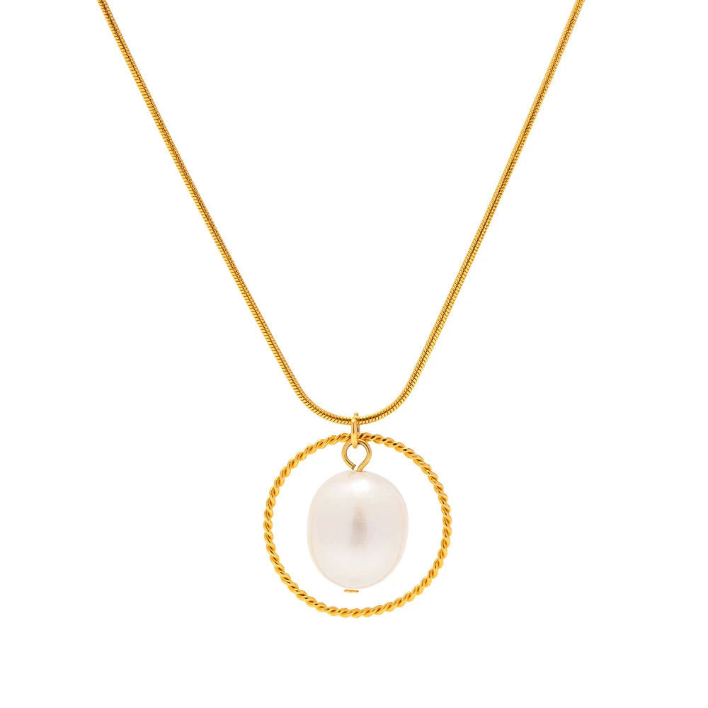 Charm 18K Gold Plated Stainless Steel Jewelry Gift Waterproof Snake Bone Chain Freshwater Pearl Pendant Necklace