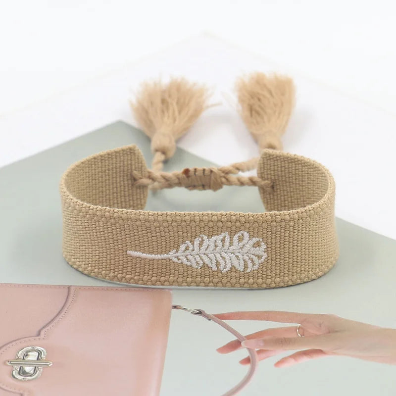 Ethnic Style Jewelry 2cm Wide Webbing Embroidered Feather Pattern with Adjustable Tassel Wrapped Bracelet