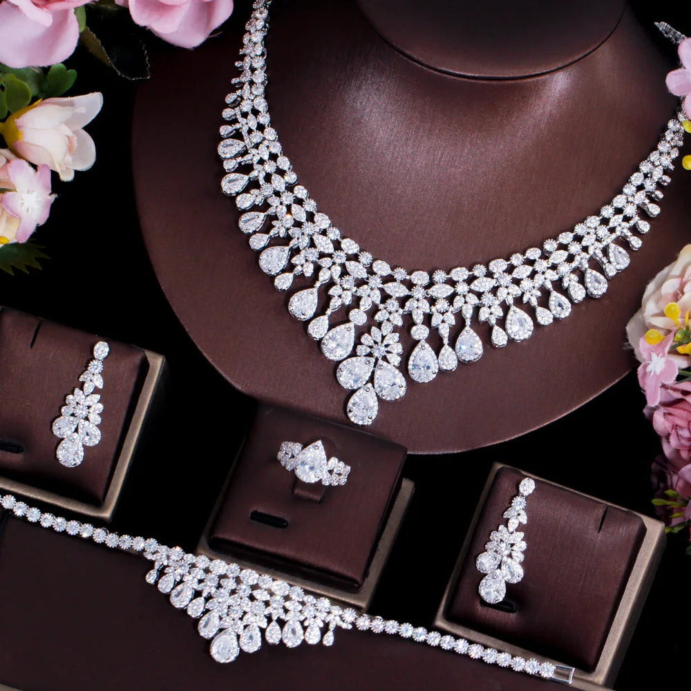 4 Piece Saudi Arabia Necklace Cubic Zirconia Super Big Luxury Jewelry Set for Women's Wedding Dubai Bridal Jewellery Set