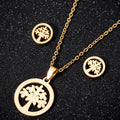Hot Selling 18K Gold Silver Stainless Steel Charm Life Tree Pendant Earring Necklace Jewelry Set for Women Gift