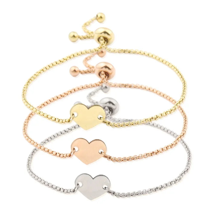 Simple Stainless Steel 18K Gold Adjustable Chain Heart Bracelet Titanium Steel PVD Personalized Blank Heart Chain Bracelet
