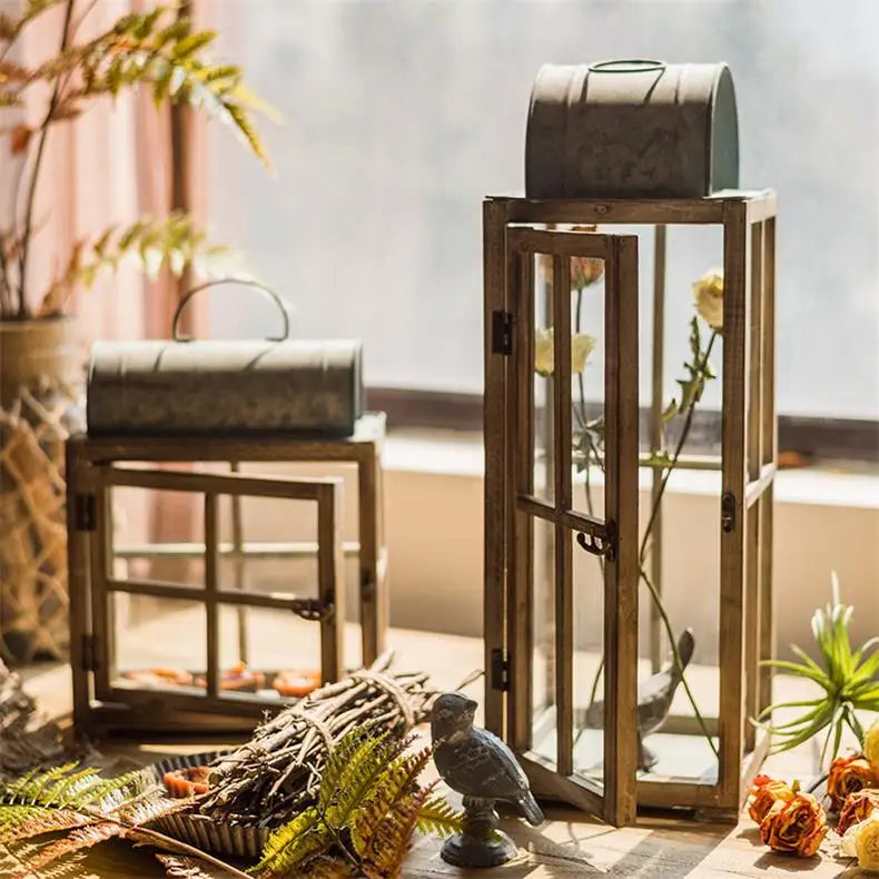 Wooden Lanterns Glass Wind Lanterns Candlesticks Decorative Arts Ornaments Garden Courtyard Retro and Nostalgic Iron Art