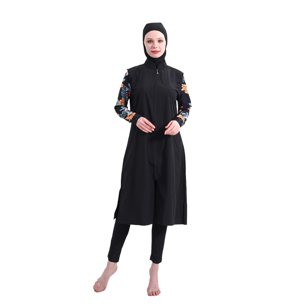 New Stylish Sun-protective Arm Printed Moderate Burkini  Conservative Waterproof Muslim Long Robe Swimsuit Set