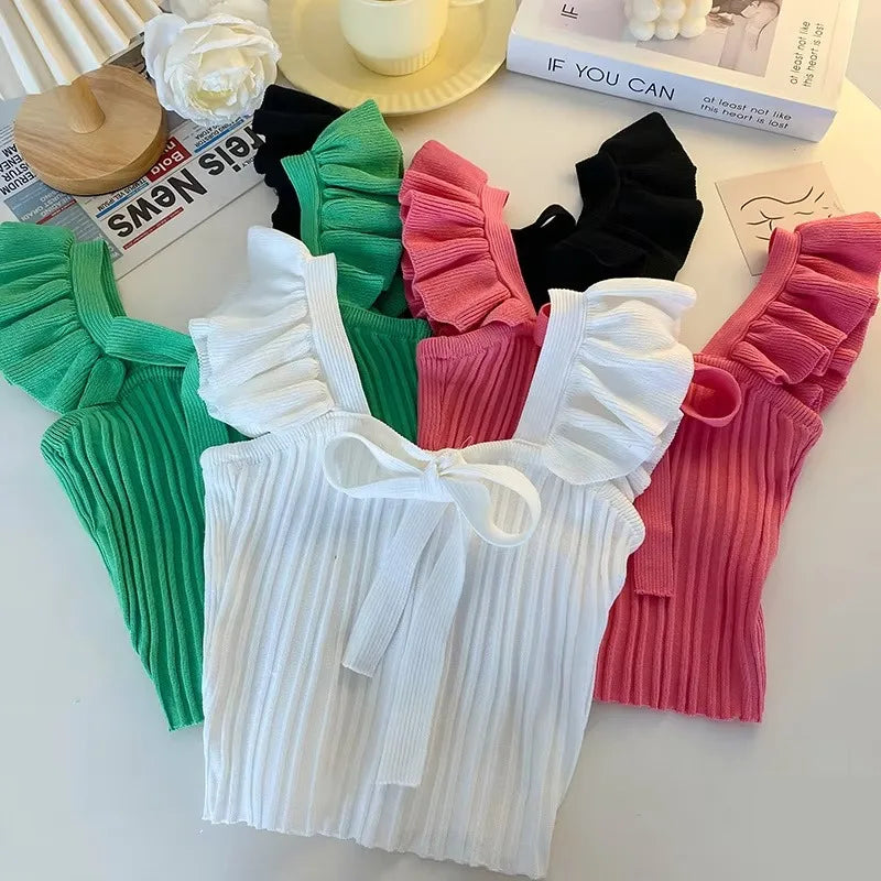 Summer Women's New Solid Color Camisole Vest Women's V-neck Slim-fit Short Hanging Neck Knitted Outer Wear Sleeveless Top MegaBDM
