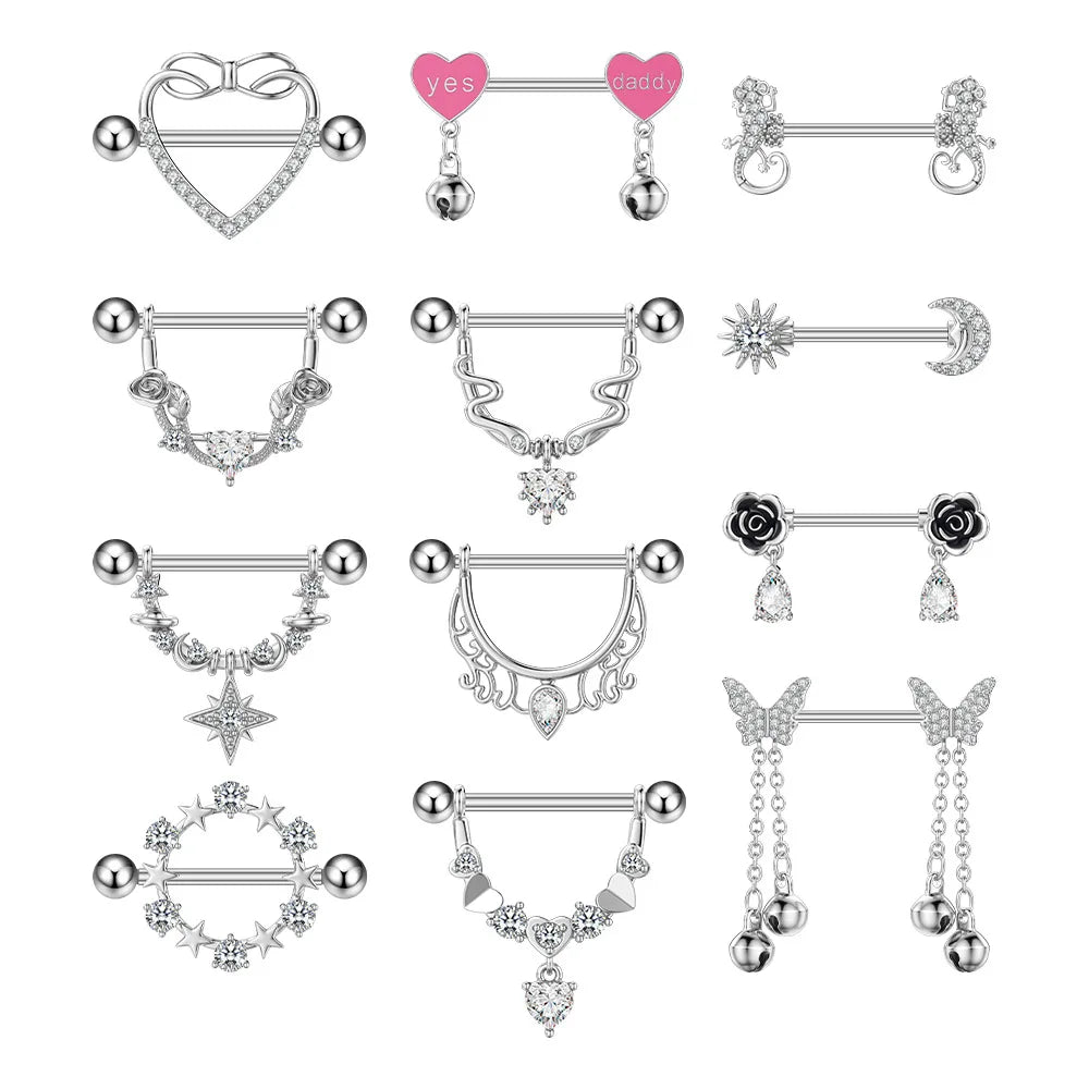 Gaby Fashion Heart-Shaped Zircon Stainless Steel Breast Piercing Jewelry Sexy Shorts Nipple Rings for Women Men