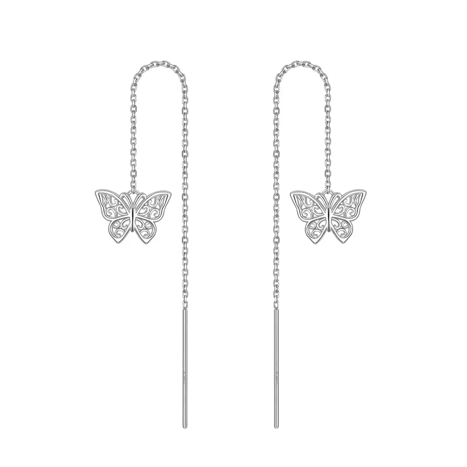 Hot Sale S925 Sterling Silver Rhodium Plated Long Chain Hollow Butterfly Threader Earrings