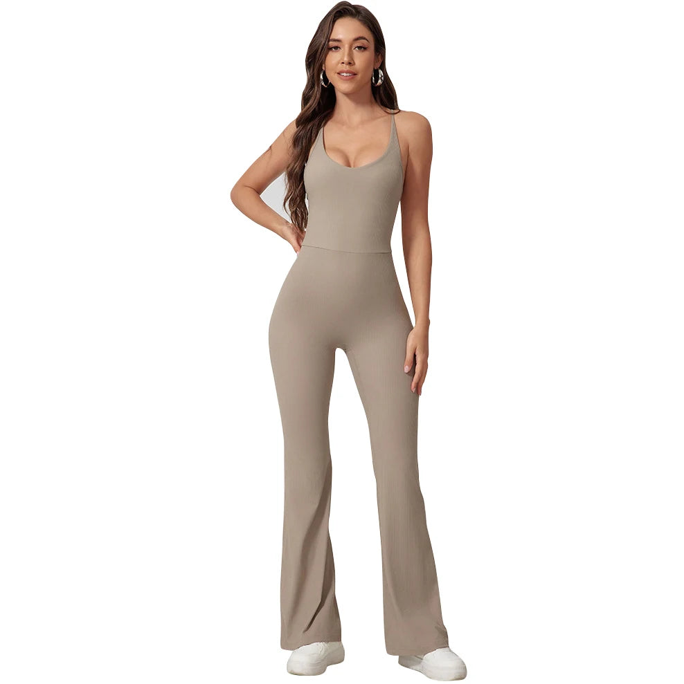 Women's Long Length Halter Neck Flare Yoga Jumpsuit Quick Dry Stretchy Compression Lightweight Seamless Fitness Short Leggings
