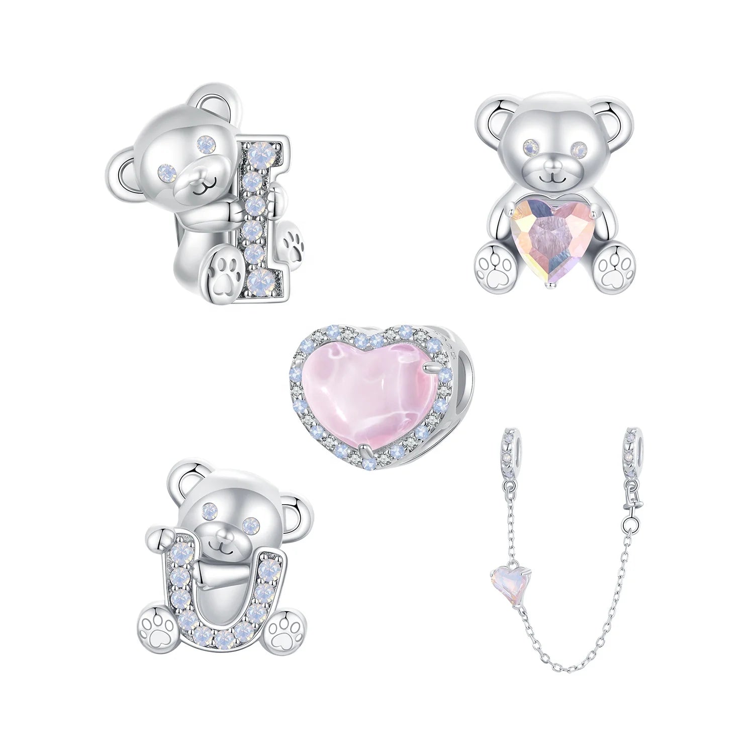 Factory Wholesale 925 Sterling Silver I love U Bear Charms Beads Heart Pendant for DIY Bracelets Fine Jewelry Gift