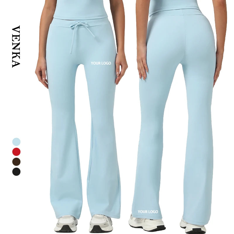 Women High Waist Butt Lift Sportpants Custom Logo Drawstring Quick-Dry Ladies Fitness Workout Yoga Flare Leggings Wide Leg Pants