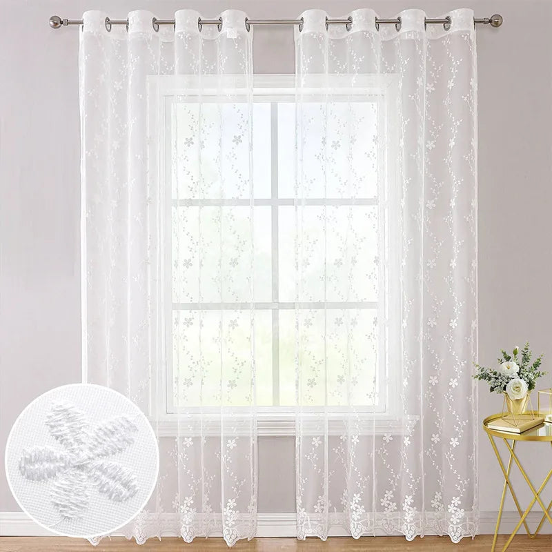 Pastoral Small Fresh White Milk Silk Flower Embroidered Sheer Curtain Ready-Made Decorative Sheer Curtain for Homestay Living