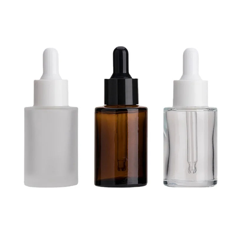 Customized 1oz 30ml  Flat Shoulder Dropper Bottle Essential Oil Packaging Cosmetic Serum Cylinder with White Cap