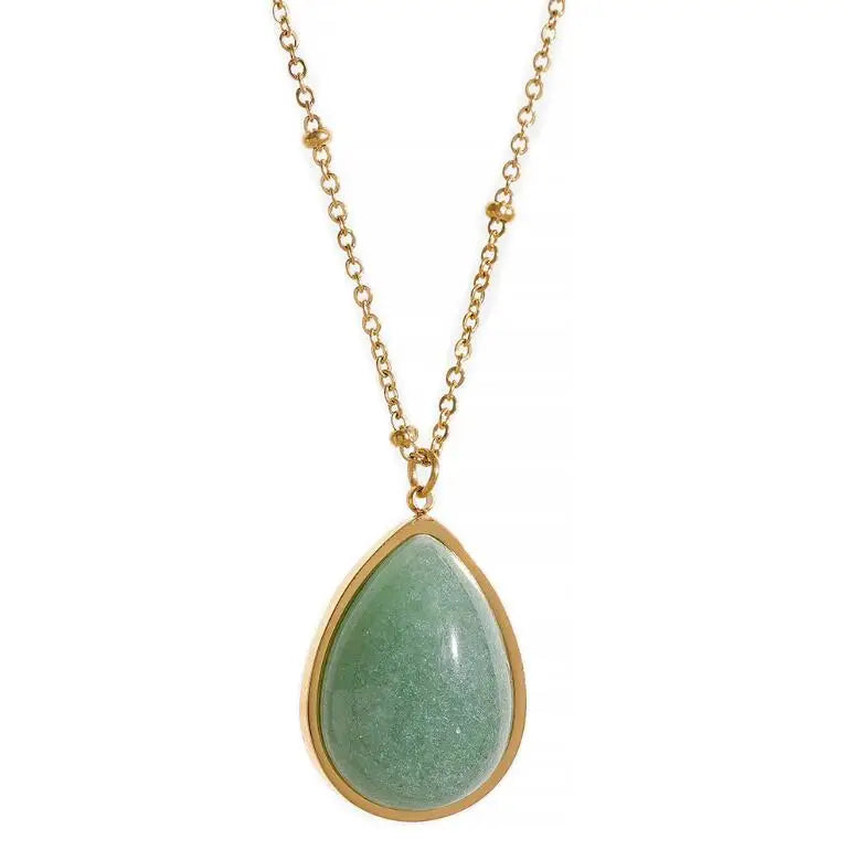 Women's 18K Gold Plated 316L Stainless Steel Big Jade Amethyst Natural Stone Pendant Necklace Classic Link Chain Healing Jewelry