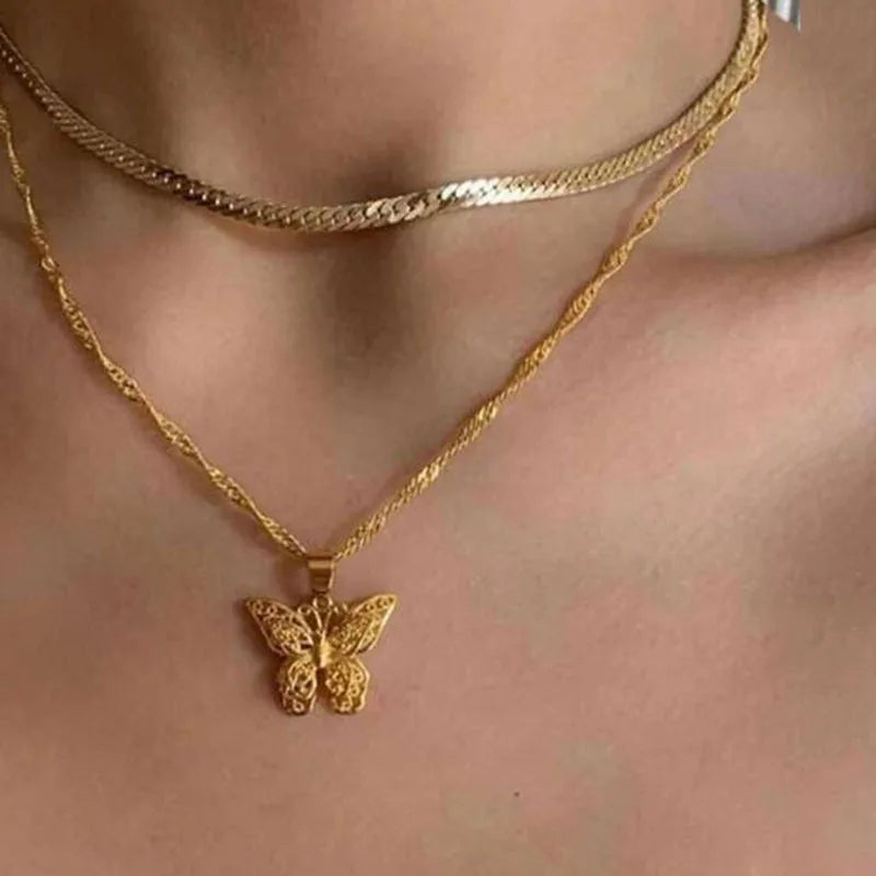 18K Gold Plated Butterfly Pendant Necklace Stainless Steel Pendant Necklace Trendy Jewelry