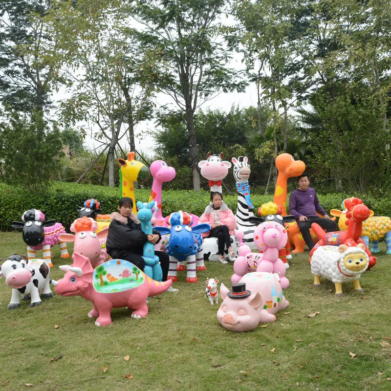 Factory Direct Life Size  Fiberglass Animal Sculpture Cartoon Colorful Outdoor Animal Prop Bench for Amusement Park Display