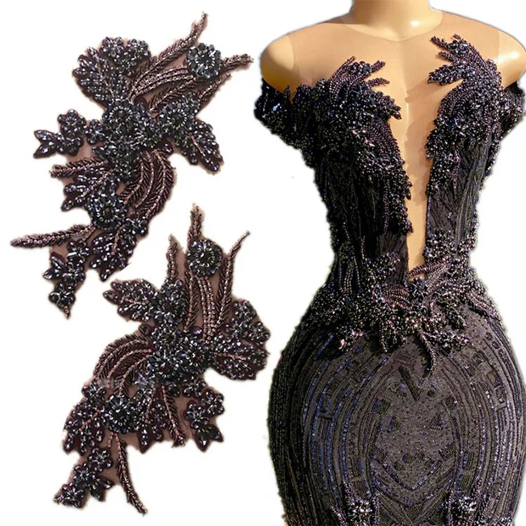 WDP-296 Luxury Crystal Rhinestone Applique Rainbow-Color Bodice Sash in Dark Gray for Wedding Dresses & Bags Sewing