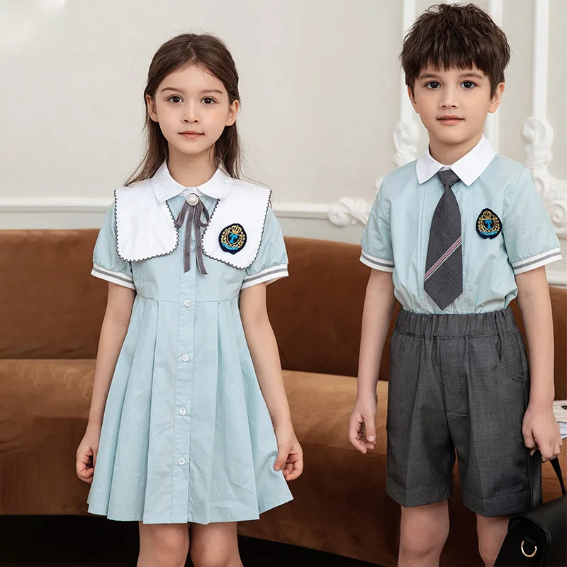 Summer British Style Primary School Uniform Set for Children 100% Cotton Anti-pilling Customizable
