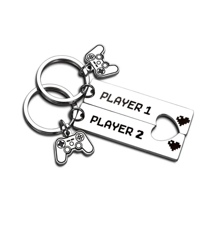 Funny Game Player 1 Player 2 Matching Keychain for Gamer Boyfriend Couple Keyring for Valentine Birthday Anniversary Gift