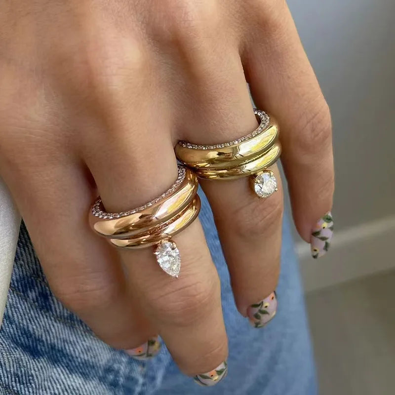 Joolim High-End 18K Gold-Plated Stainless Steel Women's Water Drop Round Zirconia Cambered Band Ring Non-Tarnishing Jewelry