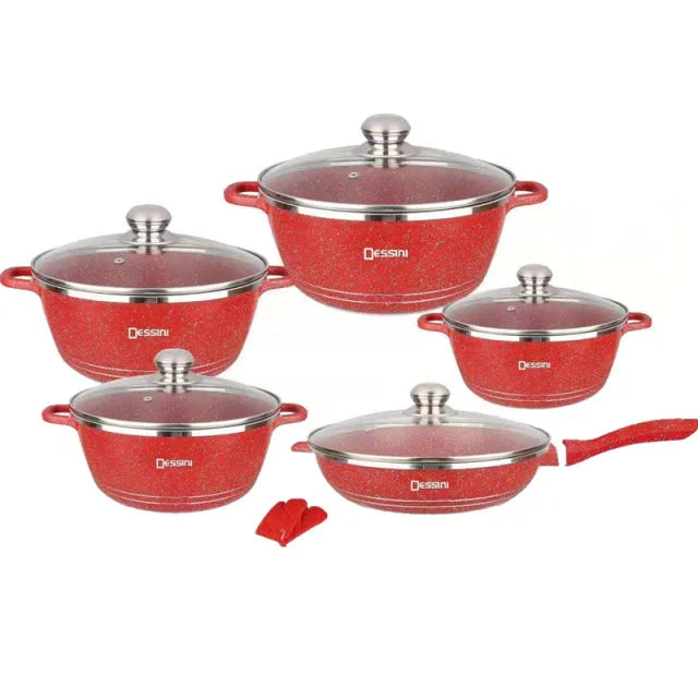 H.K 12-Piece Non-Stick Die Casting Aluminum Kitchenware Set with Tempered Glass Cover Metal Accessories