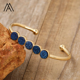 Classic Natural Titanium Druzy Agate Stone Beads Gold Open Cuff Bracelets for Men Fashionable Birthday Gift Jewelry