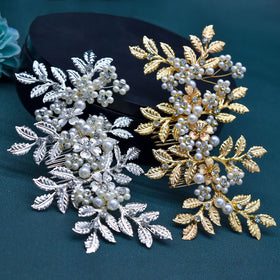 Classic Design Style Wedding Hair Piece Rhinestone Pearl Silver Leaf Bridal Hair Combs