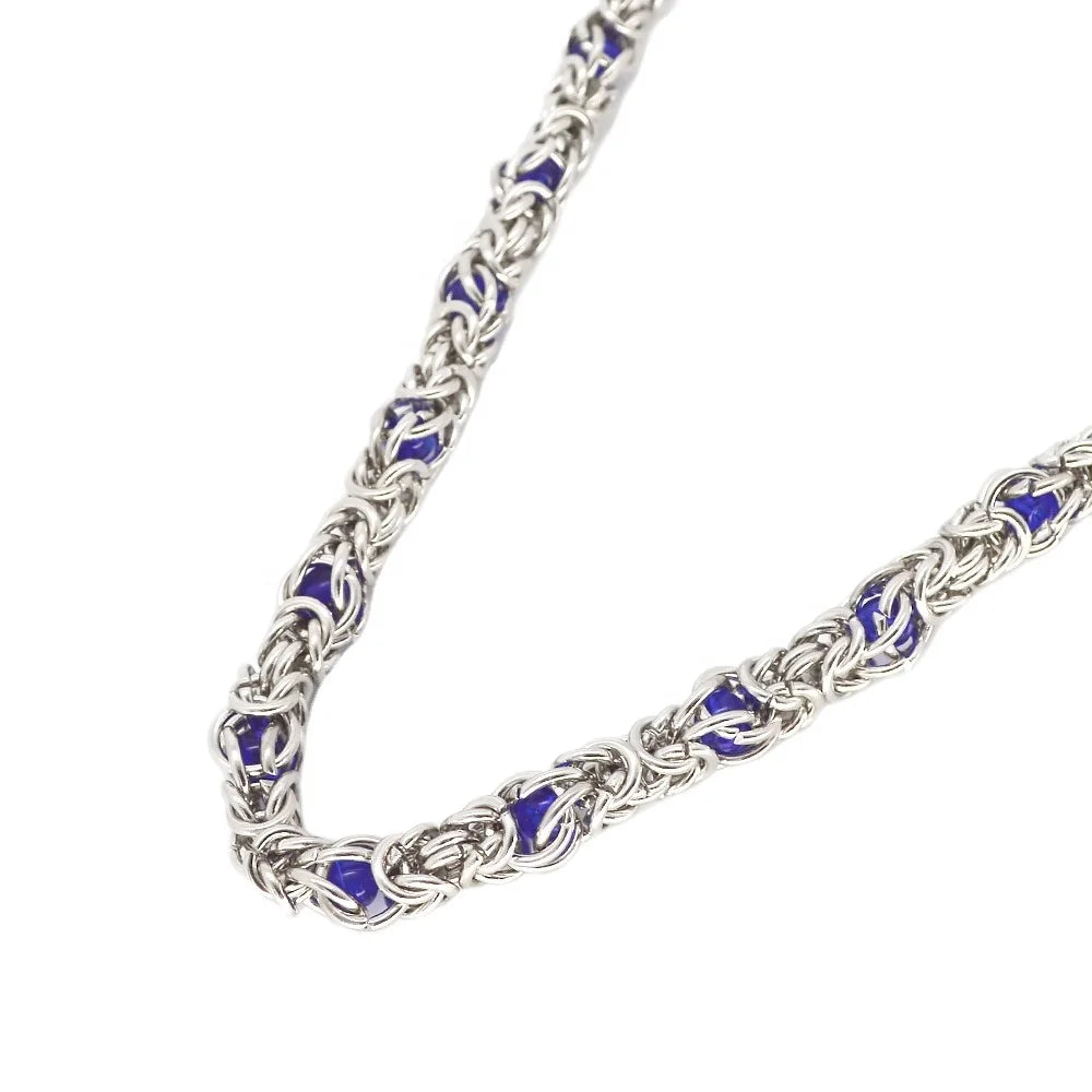 Stainless Steel Round Byzantine Chain Punk Keel Chain Blue Bead Necklace Heavy Metal Bracelet Male Female Hip Hop Biker Jewelry