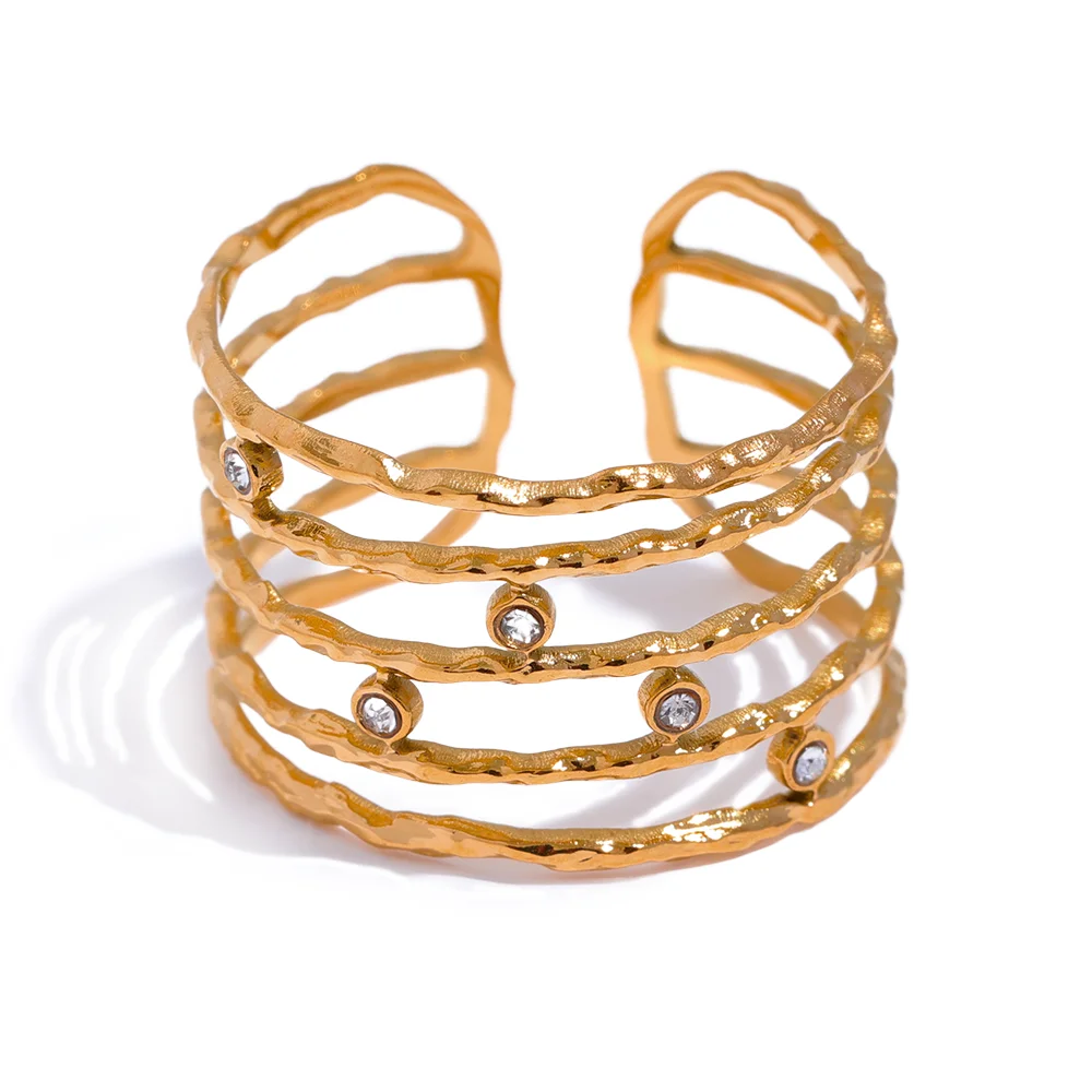 JINYOU 1938 Chic Layered Stainless Steel Finger CZ Wide Ring Stylish 18K Gold French Charms Jewelry Waterproof Women Wholesale