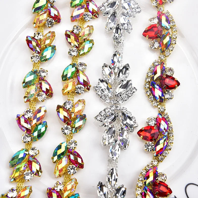 Handmade Siam AB Marquise Rhinestone Flower Claw Chain Crystal Trim Drop for Christmas Tree Wedding Clothes Decoration