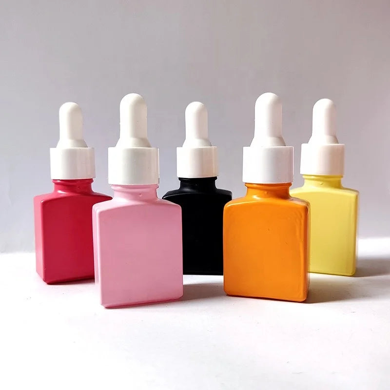 Stock 15ml Customized Color square Oil Serum Dropper Glass Bottle