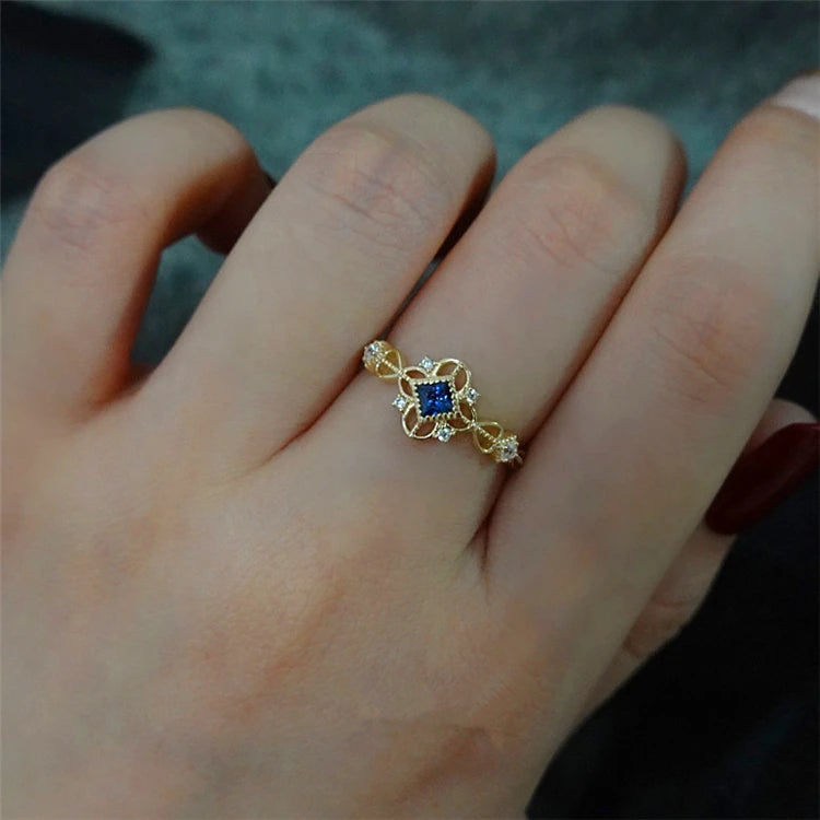 European Luxury Design Blue Zircon 18k Gold Plated Rings Women Flowers Ring
