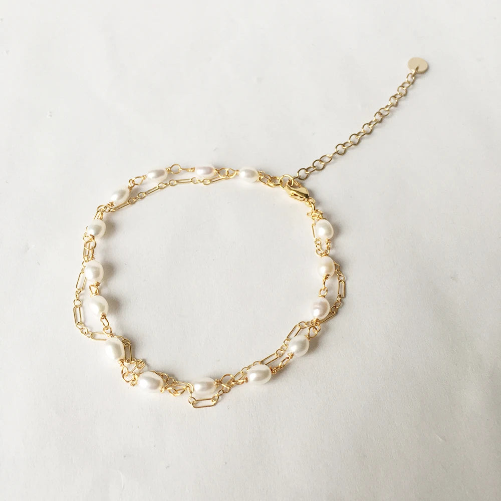AAA Rice Pearl Bracelet 17+5cm Vintage Style 14K Gold Filled 3-4mm Small Fewer Flaw for Wedding Party and Gift