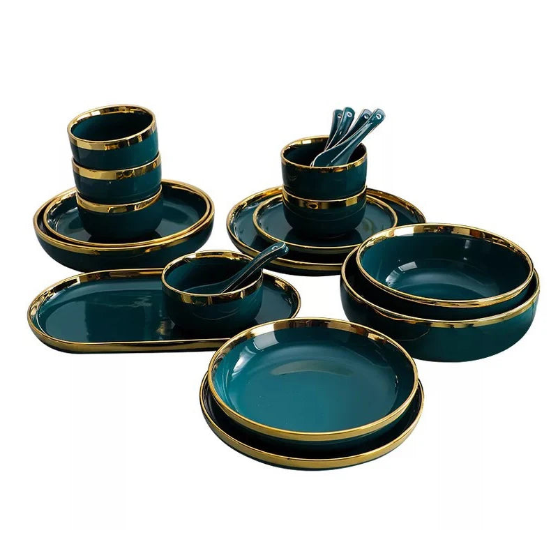 Green Color Glazed Unique Ceramic Tableware Fine Stoneware Dinner Set 26pcs Royal Ceramic Dinnerware Sets