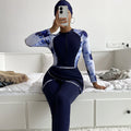 2023 Modest Swimwear Conservative Muslim Long Sleeve Pants 4-Piece Set Borkini Print Zipper High Neck Swimsuit With Swim Cap