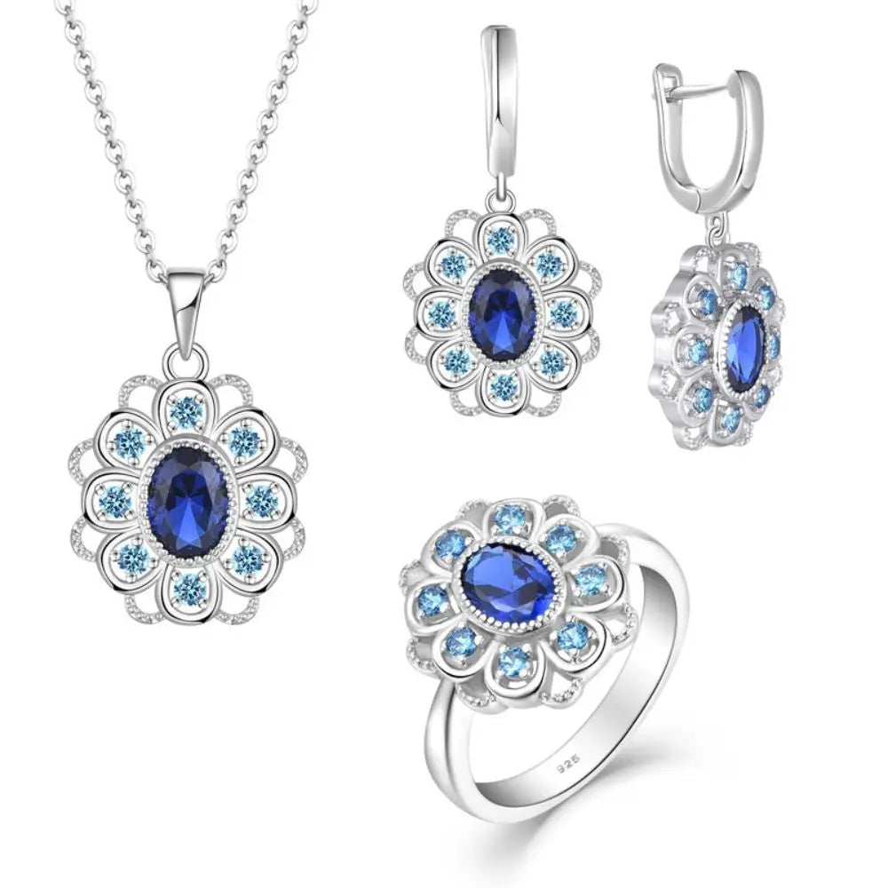 Newest Silver Colorful Flower Necklaces Earrings Rings 3 Jewelry Set for Women
