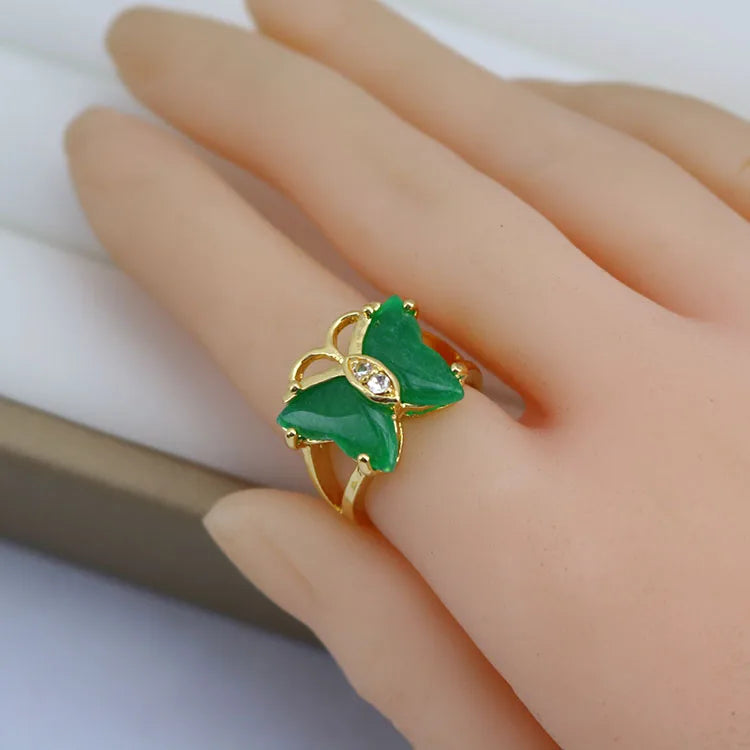 RN1063 18K Gold Plated CZ Micro Pave Natural Green Jade Band Rings