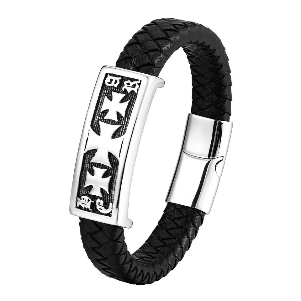 Classic Cross Engraved Genuine Leather Bangle Stainless Steel Magnetic Clasp Crucifix Men's Leather Bracelets OT-142