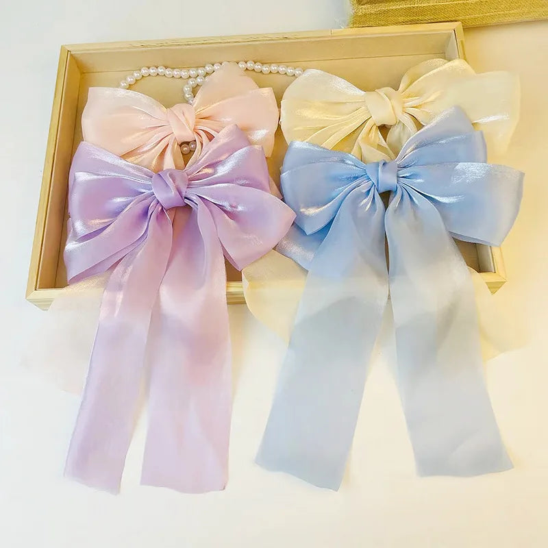 2023 Wholesale Net Yarn Streamer Spring Clamp Hairpin Women Bow Hair Clips Grosgrain Ribbon Ribbon Bow Clip Hair for Women Girls