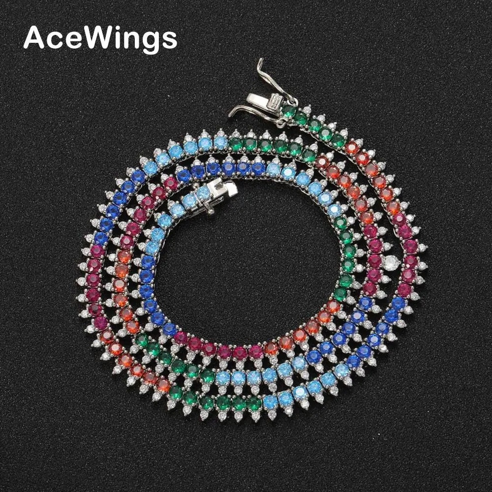 BC130 Geometric Gold Plated Brass Cubic Zircon Tennis Chain Colorful Double Layer Necklace for Men and Women 4prong Claw Setting