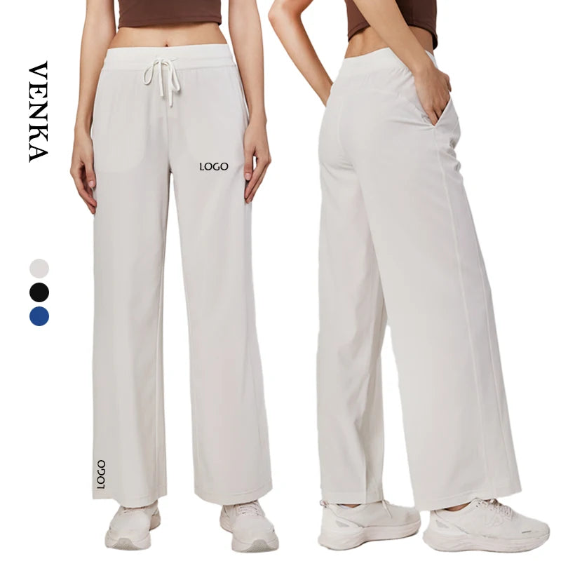 Women's High-Waisted Cool Summer Casual Trousers-Sun Protection Drawstring Loose Lightweight Yoga Pants Pockets Custom Logo