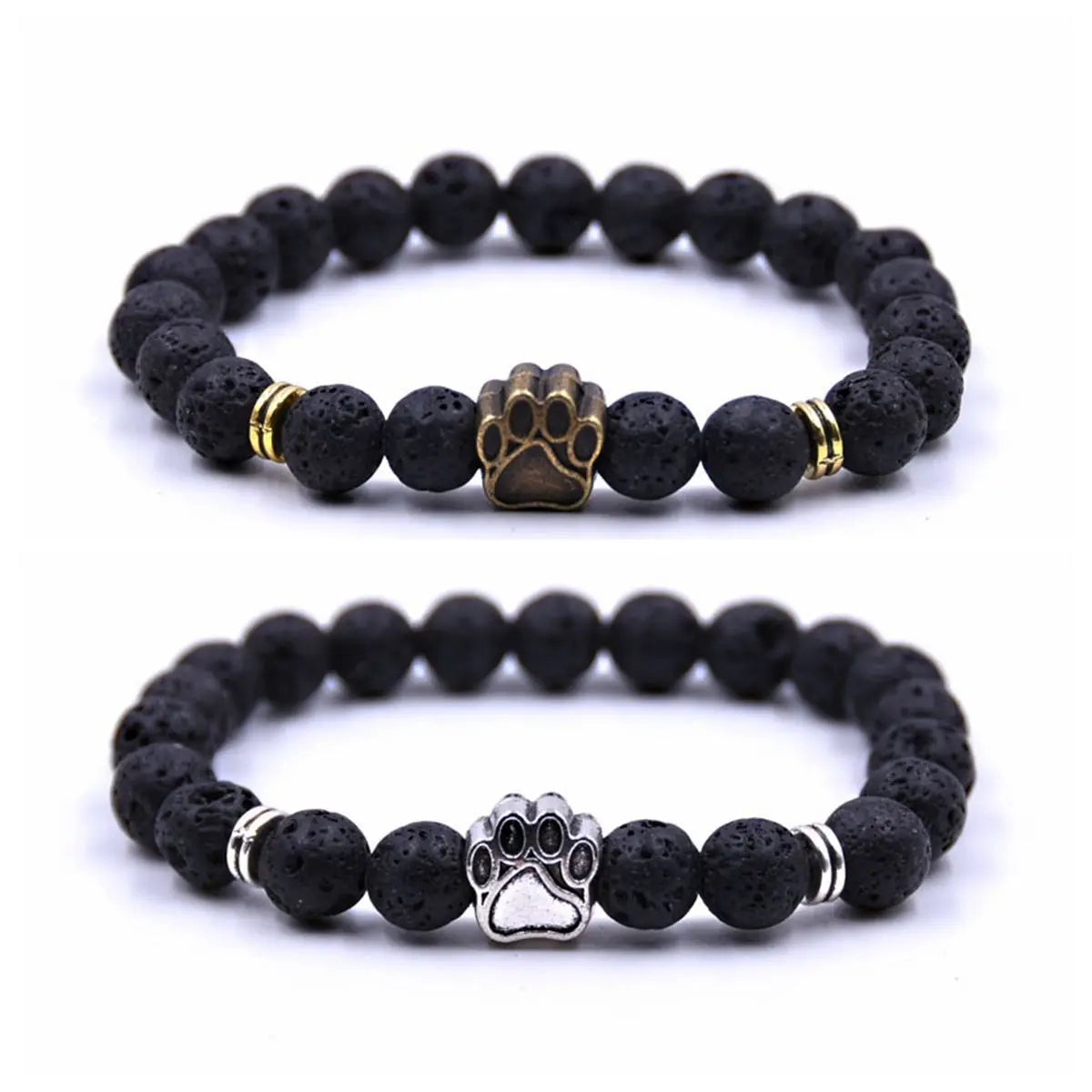 Vintage Elastic Stretch Beaded Bracelets with Lava Stone and Turquoise Bear Dog Paw Charm for Healing Power Gift Idea